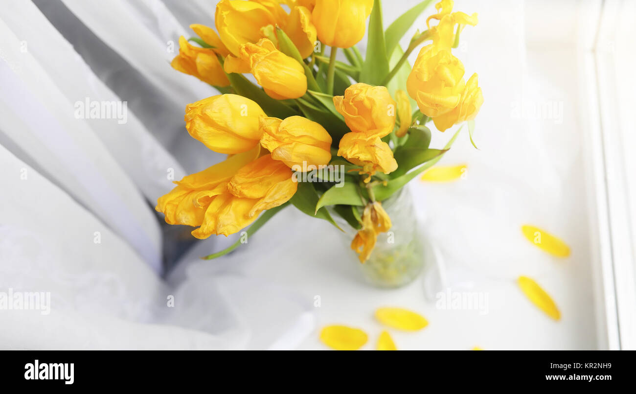 Un bouquet de tulipes rouges dans un vase sur le rebord de la fenêtre ...