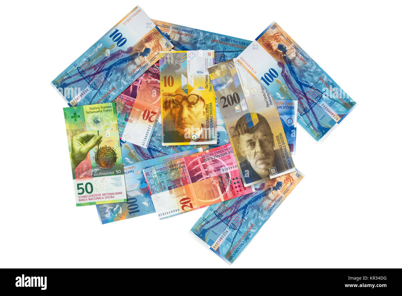Tas de billets en franc suisse sur fond blanc Banque D'Images