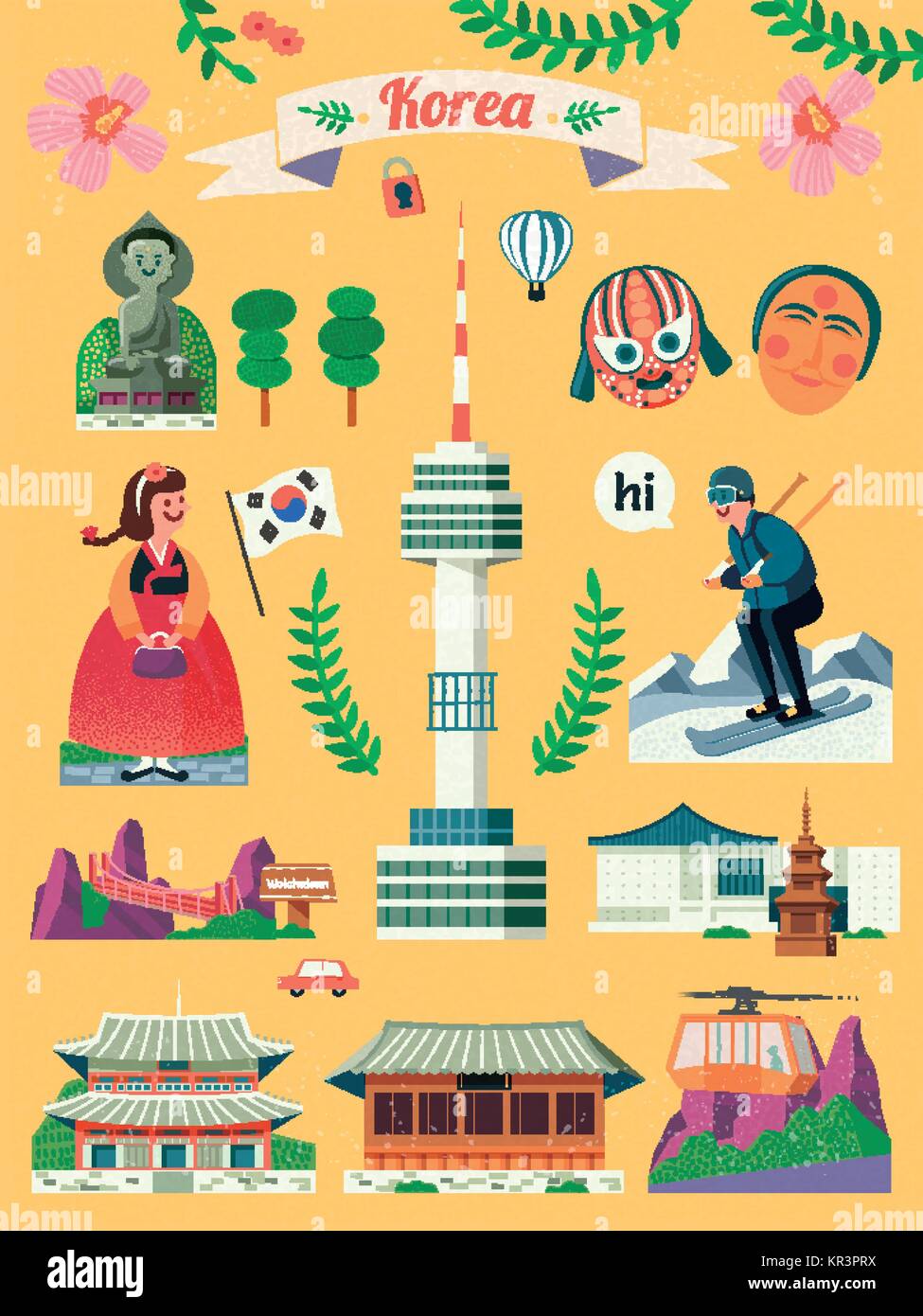 Jeu de symboles voyage Corée Corée, célèbre monument et symbole de la culture au design plat isolé sur fond jaune Illustration de Vecteur