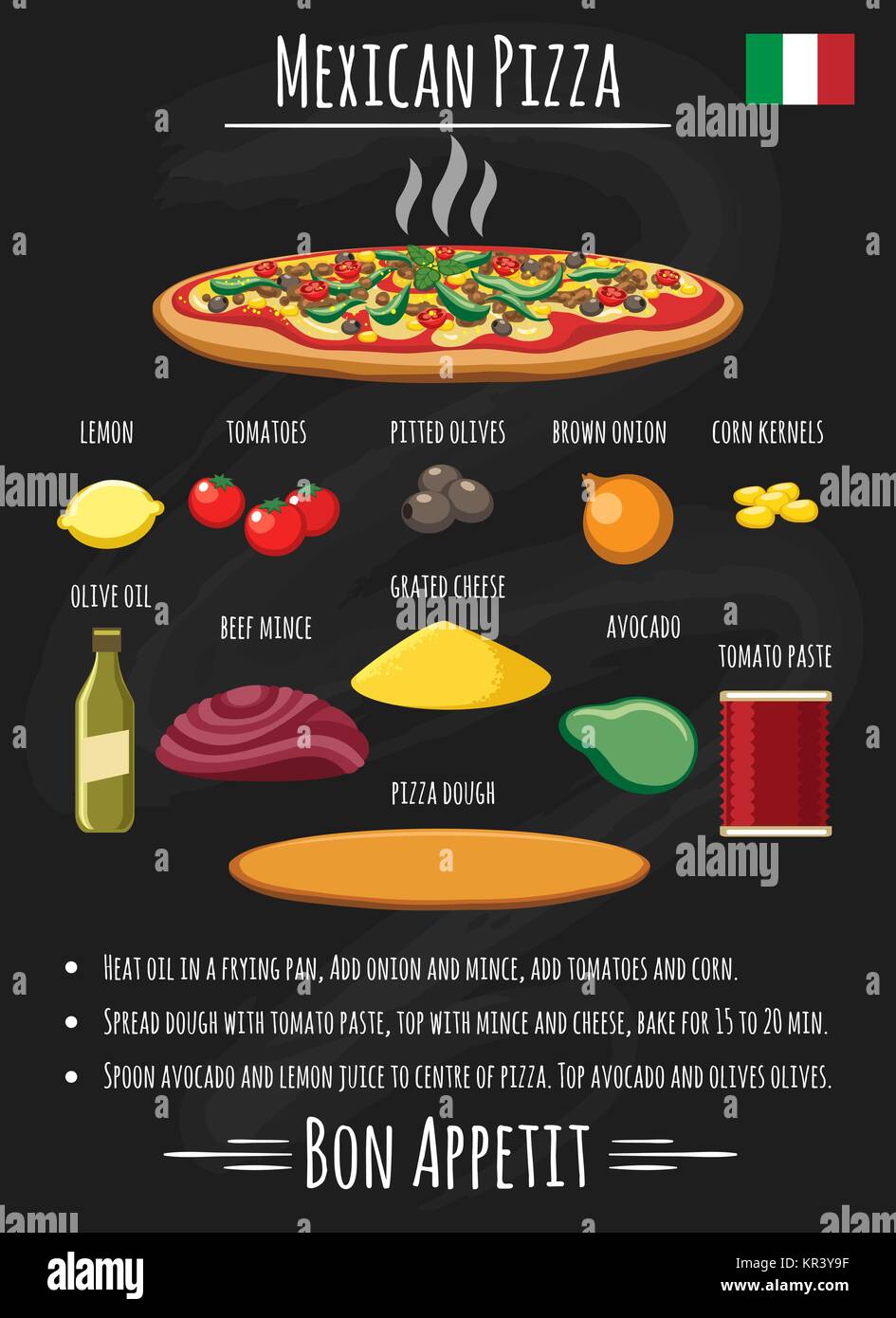 Pizza recette mexicaine. Ingrédients pour la pizza comme le fromage et les olives farcies, la pâte de tomate et de la viande bovine sur chalk board for restaurants, vector illustration Illustration de Vecteur