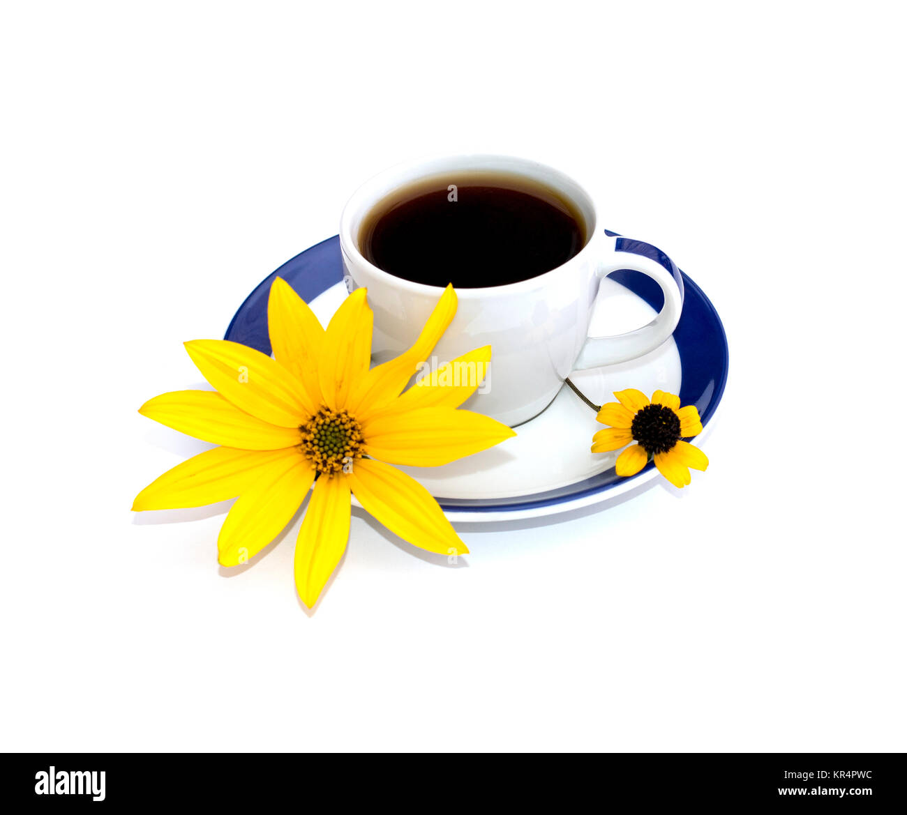 Tasse à café décoré d'une fleur jaune, isoler Banque D'Images