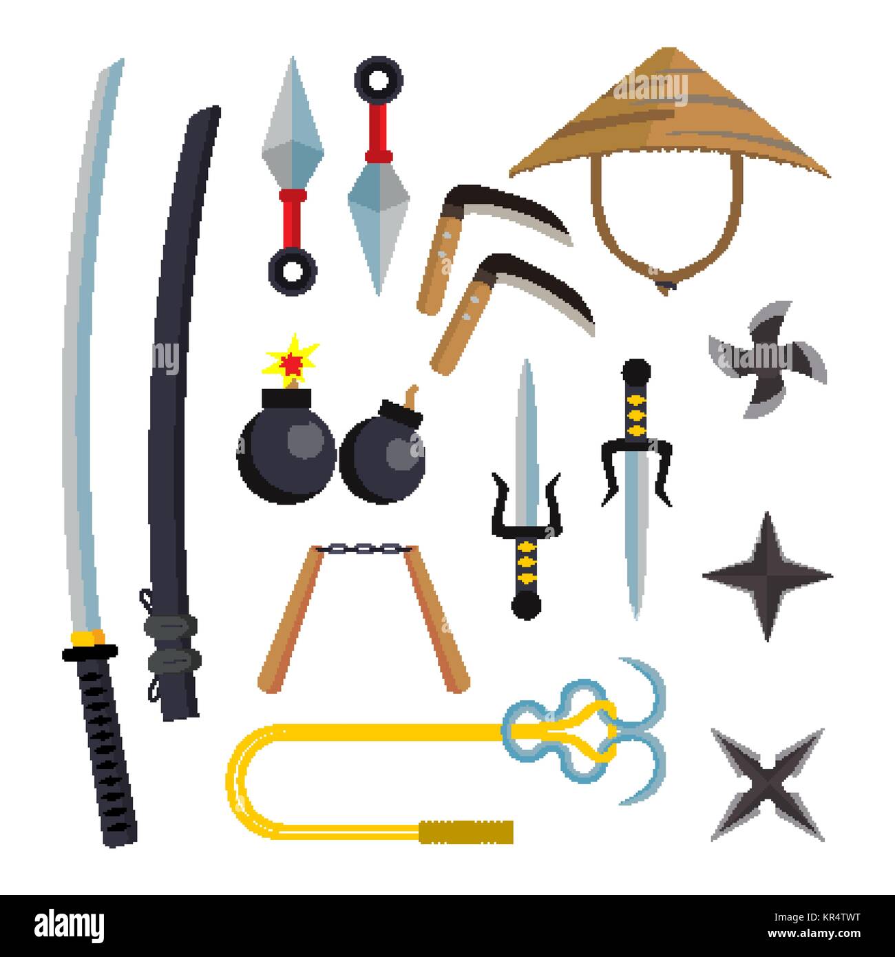 Vecteur d'armes Ninja. Accessoires d'assassin. Star, Sabre, Nunchaku, Sai.  Lancer des couteaux, Katana, Shuriken. Télévision Cartoon illustration  isolé Image Vectorielle Stock - Alamy