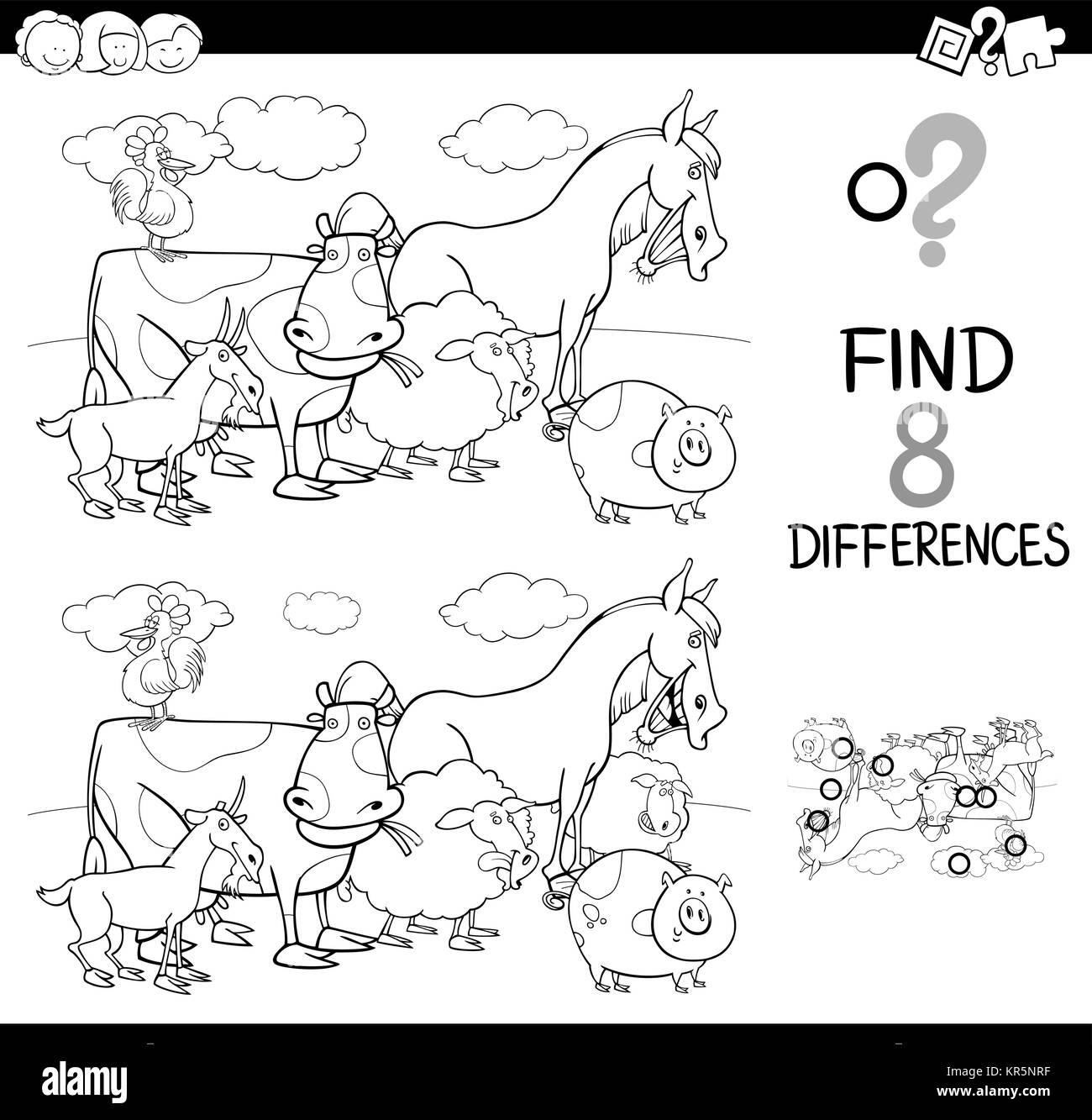 Cartoon noir et blanc Illustration de trouver des différences entre deux images Activité éducative Game pour enfants avec des animaux de ferme le Groupe Caractères Illustration de Vecteur