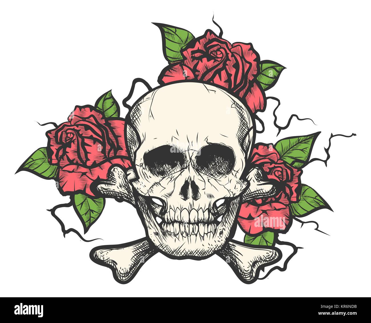 Crâne humain avec des fleurs roses. Vector illustration dans le style de tatouage. Illustration de Vecteur