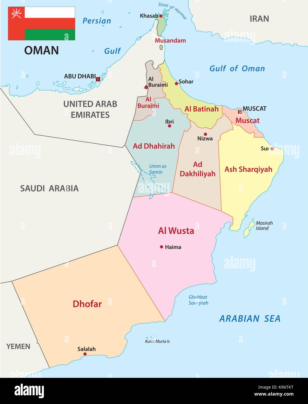 Oman carte vectorielle administrative et politique avec le drapeau Illustration de Vecteur