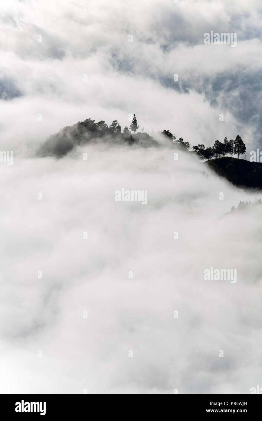 Vue aérienne de montagnes luxuriantes sur une île, entourée de nuages. Banque D'Images