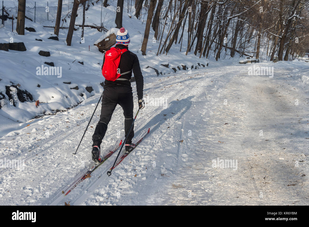 Montréal, CA - 17 décembre 2017 : Cross Country skier dans le parc du mont Royal en hiver. Banque D'Images