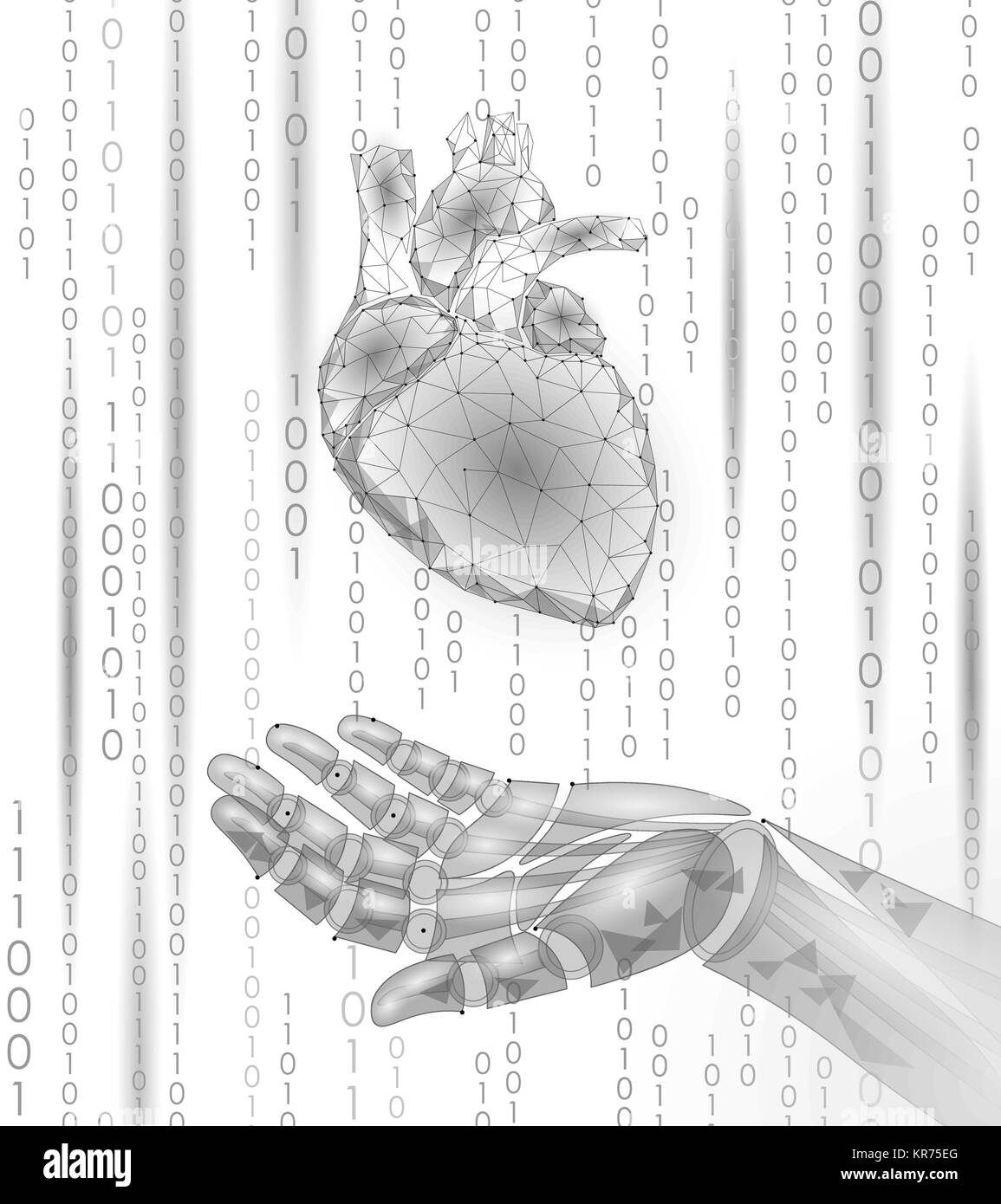 Coeur de l'homme main android robot poly faible. Conception de particules géométriques polygonales. L'avenir de l'innovation technologique de la médecine médecin humanoïde binary code background vector illustration Illustration de Vecteur