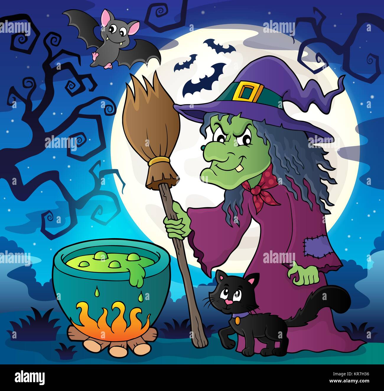 Balai de sorcière avec cat et de l'image thème 2 Banque D'Images