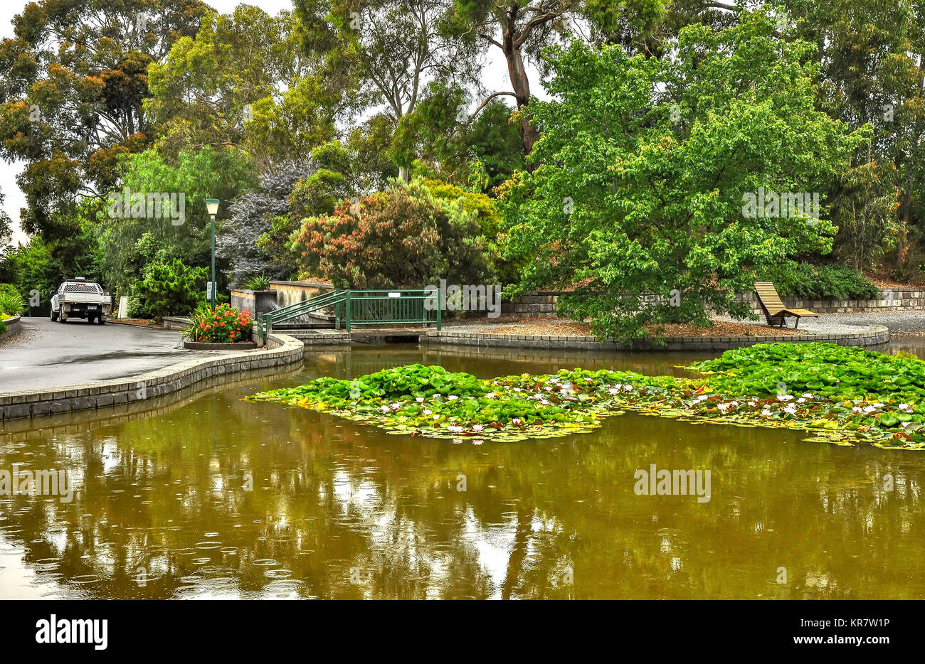 Jour de pluie dans le parc Wilson. Le parc est situé sur la route des Princes à Berwick, à Victoria, en Australie. Banque D'Images