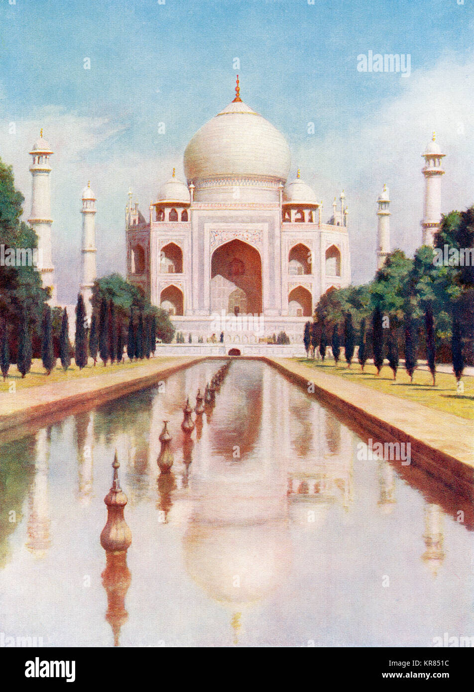Le Taj-Mahal, Agra, Uttar Pradesh, Inde. Elle a été commandée en 1632 par l'empereur Moghol Shah Jahan, maison à la tombe de son épouse favorite, Mumtaz Mahal. Des merveilles du monde, publié vers 1920. Banque D'Images