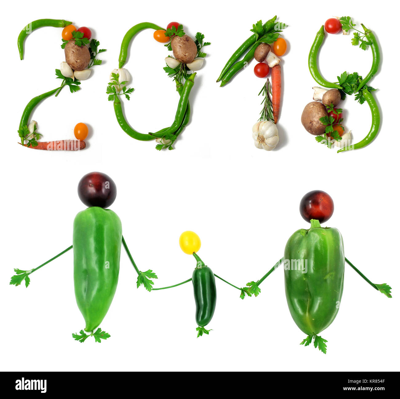 Nombre 2018 écrit avec des légumes, comme une métaphore ou un concept d'une alimentation saine, vie, alimentation, recette. Isolé sur fond blanc. Bonne année Banque D'Images