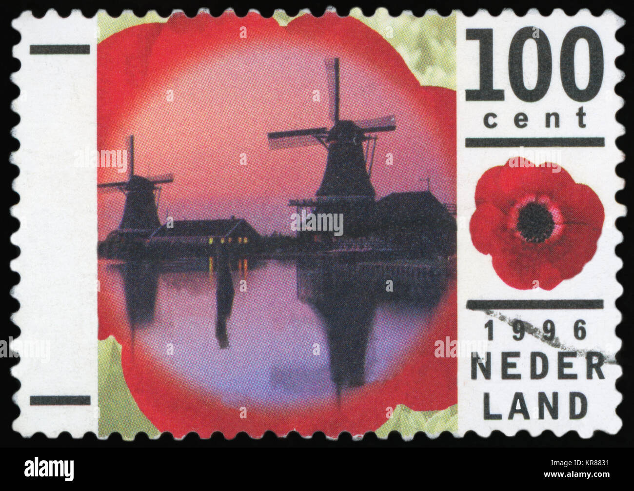 Pays-bas - circa 1996 : timbre imprimé aux Pays-Bas montrant les moulins à vent vers 1996 Banque D'Images
