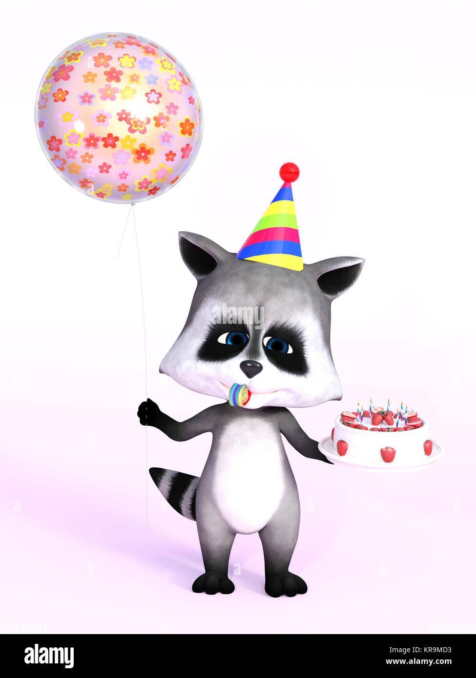 Le rendu 3D d'un raton laveur cute cartoon holding cake et ballon. Banque D'Images