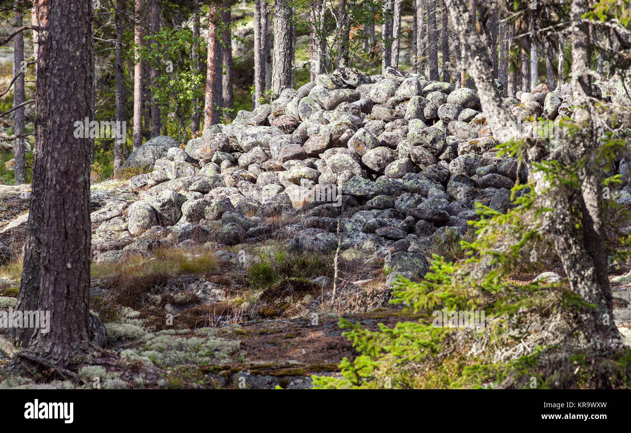 Old Stone cairns dans la forêt pas loin de la mer. Banque D'Images