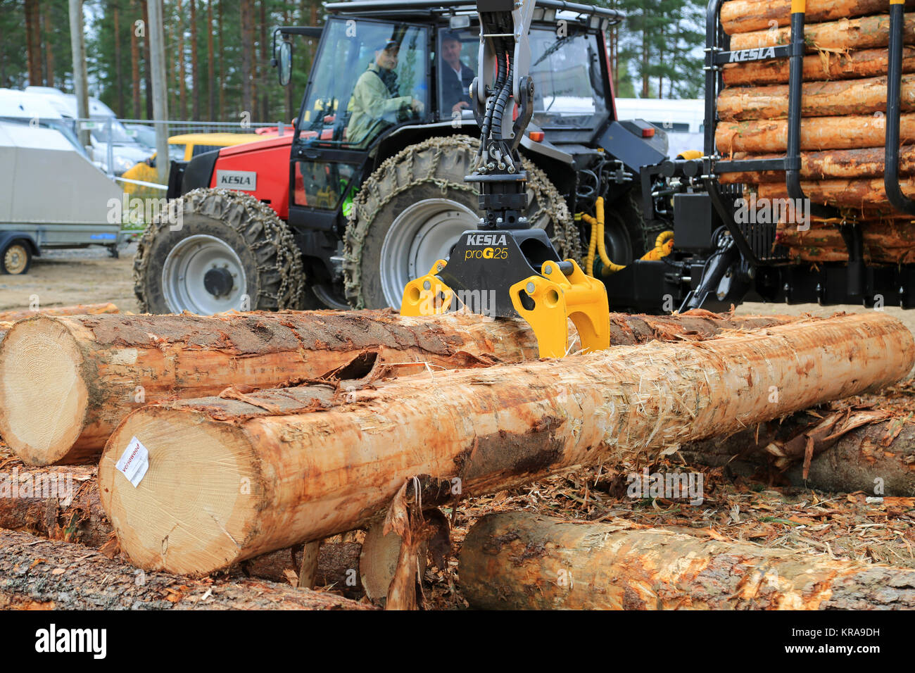 JAMSA, FINLANDE - le 30 août 2014 : Kesla démontre la Kesla ProG 25 Pince à bois à des clients non identifiés FinnMETKO 2014. Banque D'Images