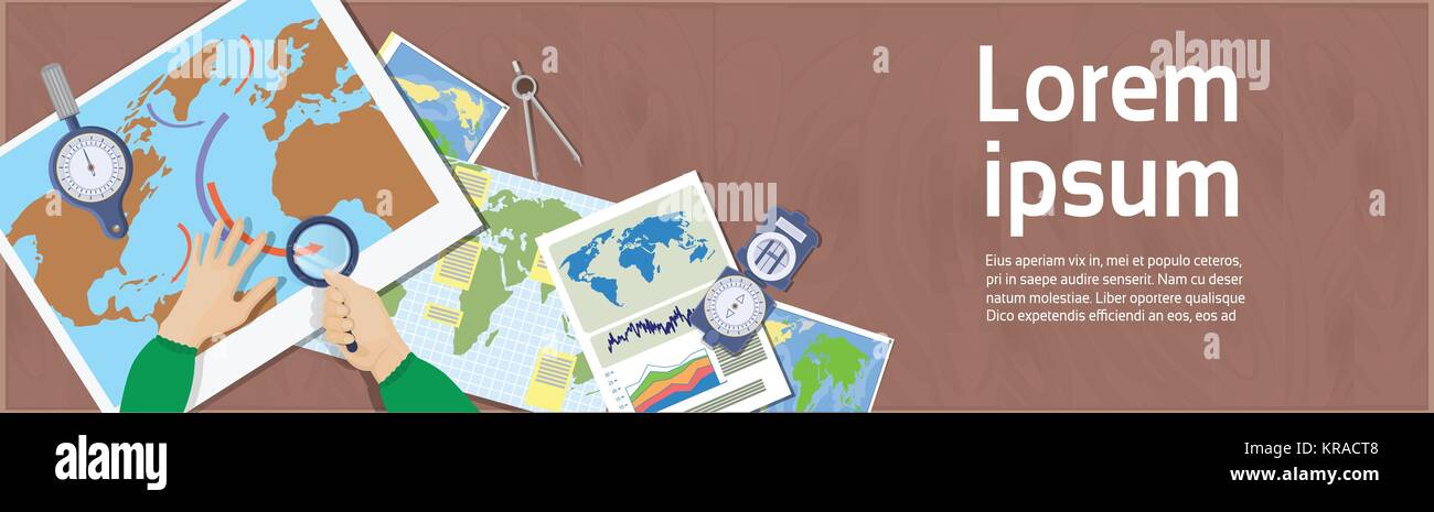 Tenir la main de l'étude de loupe de cartes haut de la géographie et de la cartographie en milieu de bannière horizontale Concept Illustration de Vecteur