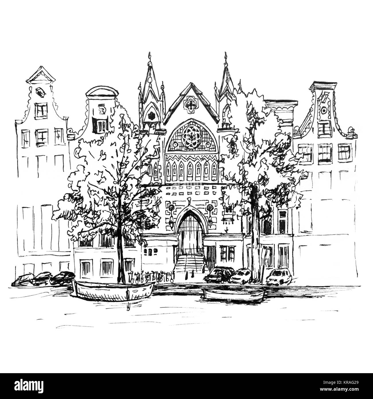 Vue sur la ville d'Amsterdam canal, maisons et église Banque D'Images