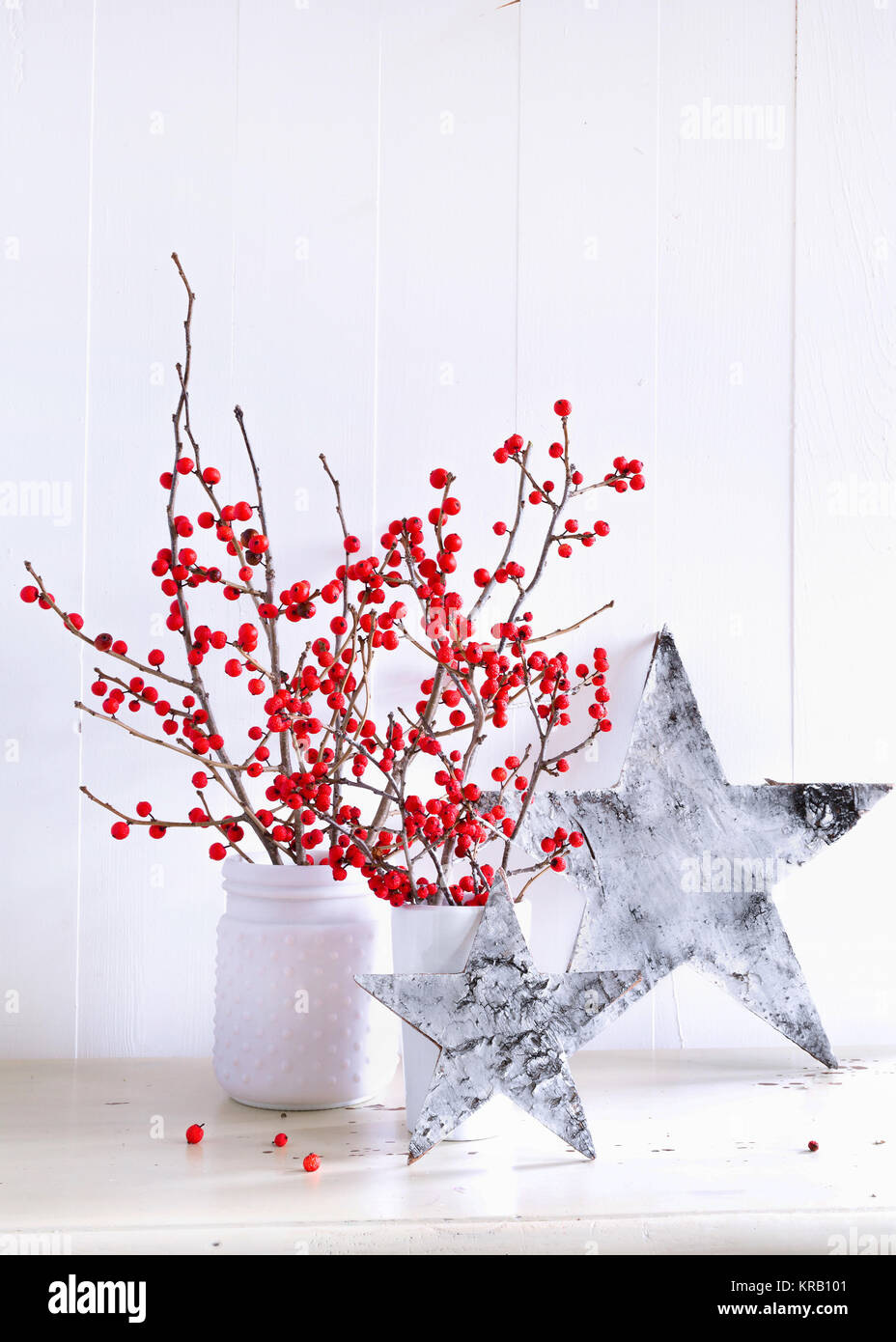 Winterberries et d'écorce de bouleau naturel, décorations de fête des étoiles. Banque D'Images