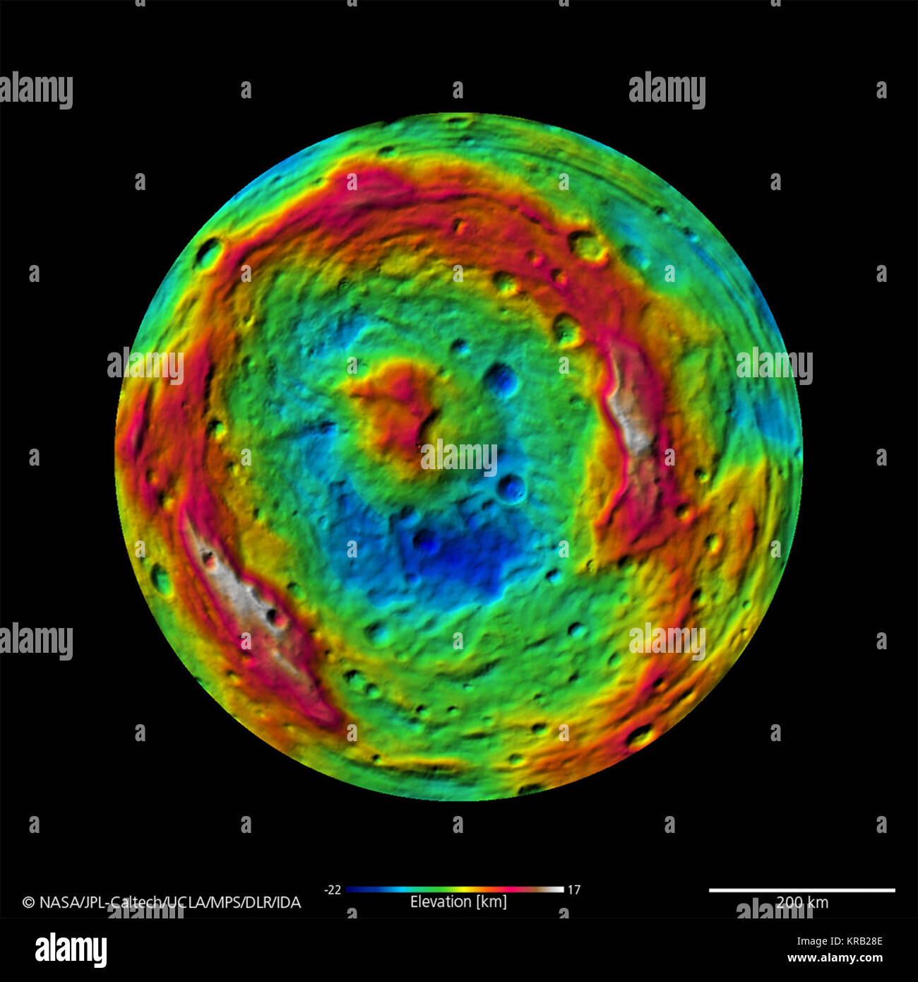 Un False-Color La topographie de Vesta au Pôle Sud Banque D'Images