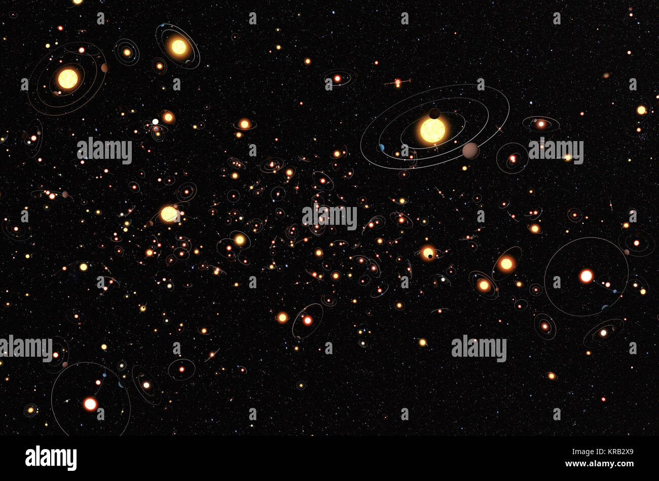Cette caricature de l'artiste vue donne une impression de la façon dont les planètes sont autour de l'étoile dans la Voie lactée. Les planètes, leurs orbites et leur étoile hôte sont tous grandement amplifiés par rapport à leurs véritables séparations. Une recherche de six ans auprès de millions d'étoiles à l'aide de la technique de MICROLENTILLE GRAVITATIONNELLE a conclu que des planètes autour des étoiles sont la règle plutôt que l'exception. Le nombre moyen de planètes par étoile est supérieur à un. Voie Lactée (100 milliards d'étoiles Banque D'Images