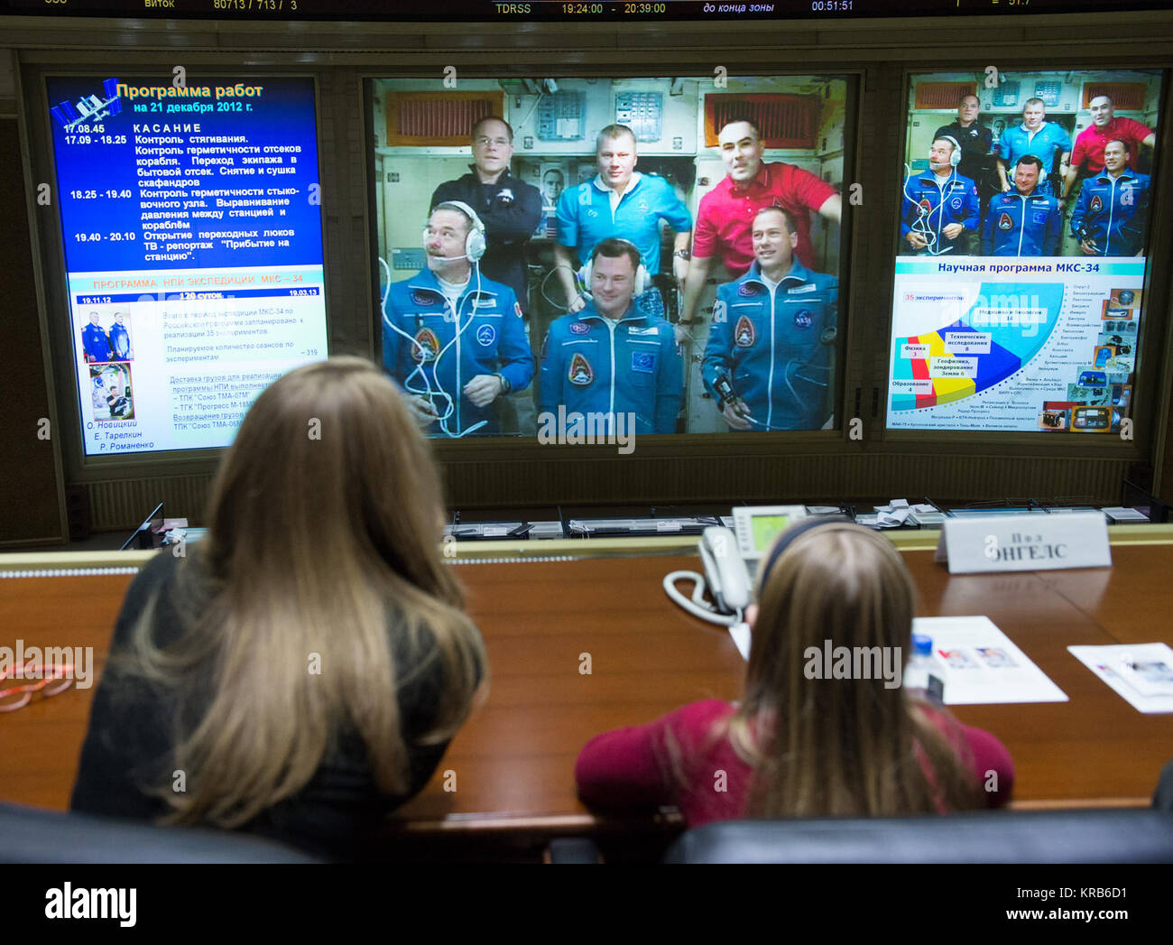 Nouveaux membres de l'équipage Expedition 34/35, l'astronaute Chris Hadfield, avant gauche, le cosmonaute russe Roman Romanenko et l'astronaute de la NASA Tom Marshburn, avant droit, sont vus sur un écran à la Fédération de centre de contrôle de mission de Korolev, Russie peu de temps après l'expédition du commandant 34 trois rejoint Kevin Ford de la NASA, l'arrière gauche, et ingénieurs de vol Oleg Novitski et Evgeny Tarelkin, le dos droit, de la Russie, le vendredi 21 Décembre, 2012. Crédit photo : NASA/Carla Cioffi) Soyouz TMA-07M crew des pourparlers avec la Fédération Mission Control Banque D'Images