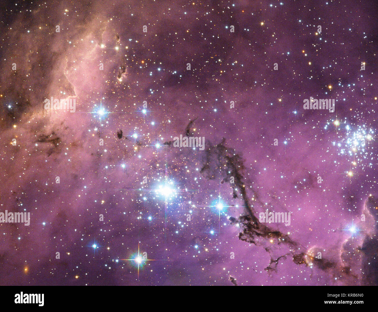 Près de 200 000 années-lumière de la Terre, le Grand Nuage de Magellan, une galaxie satellite de la Voie Lactée, flotte dans l'espace, dans une longue et lente danse autour de notre galaxie. Comme la Voie Lactée doucement sur sa gravité remorqueurs du voisin des nuages de gaz, elles s'effondrent pour former de nouvelles étoiles. En retour, ces éclairent les nuages de gaz dans un kaléidoscope de couleurs, visible dans cette image de la NASA/ESA Hubble Space Telescope. Hubble voit trésor caché dans Grand Nuage de Magellan (8407694793) Banque D'Images