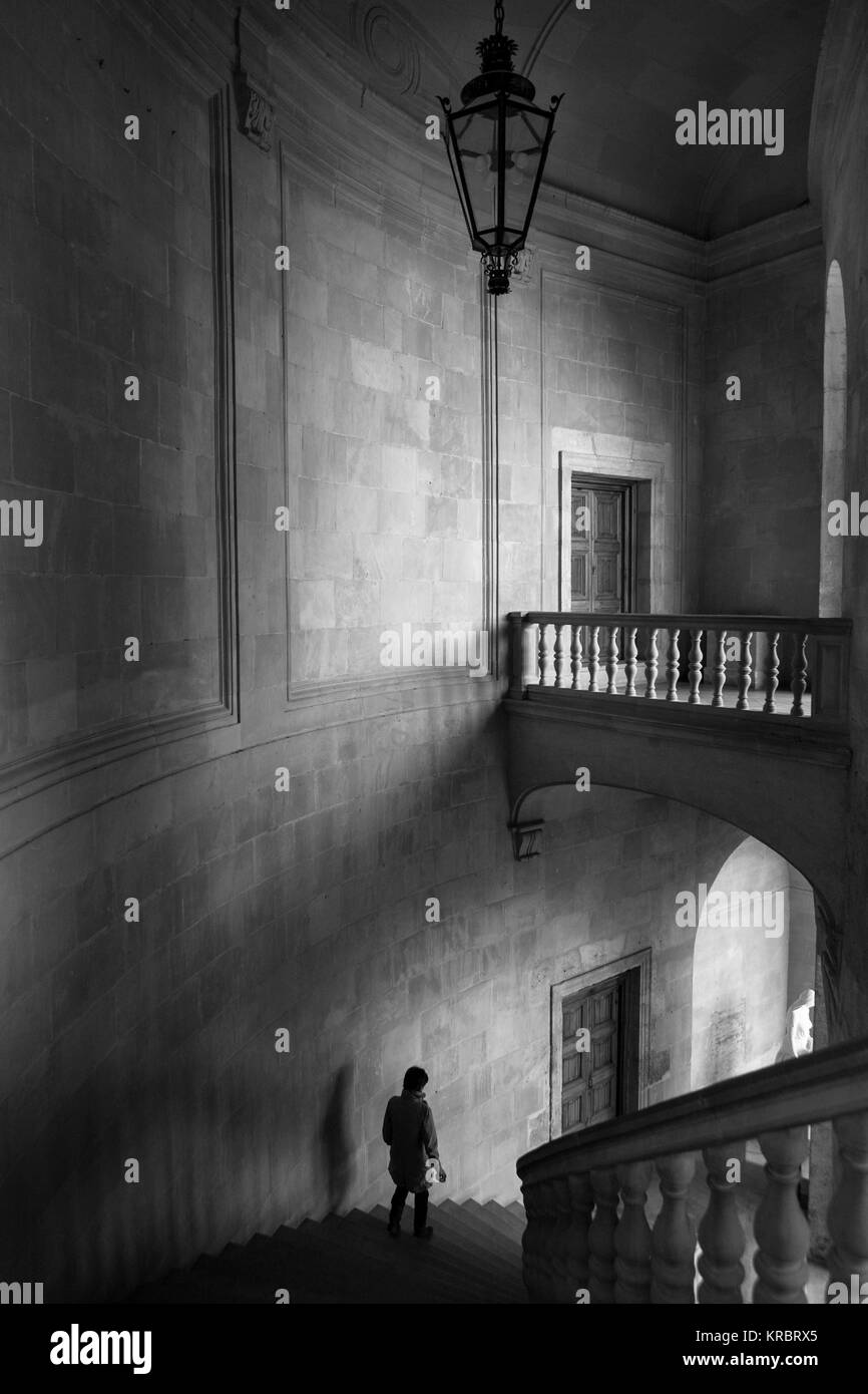 Escalier dans le Palacio de Carlos V, La Alhambra, Granada, Andalousie, espagne. Version noir et blanc PARUTION MODÈLE Banque D'Images