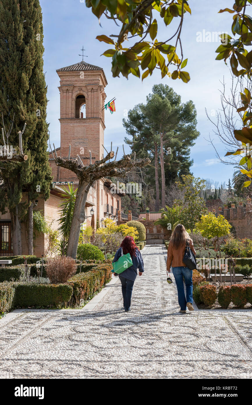 Les jardins du Convento de San Francisco, aujourd'hui Parador Nacional, Alhambra Alta, Grenade, Andalousie, Espagne Banque D'Images