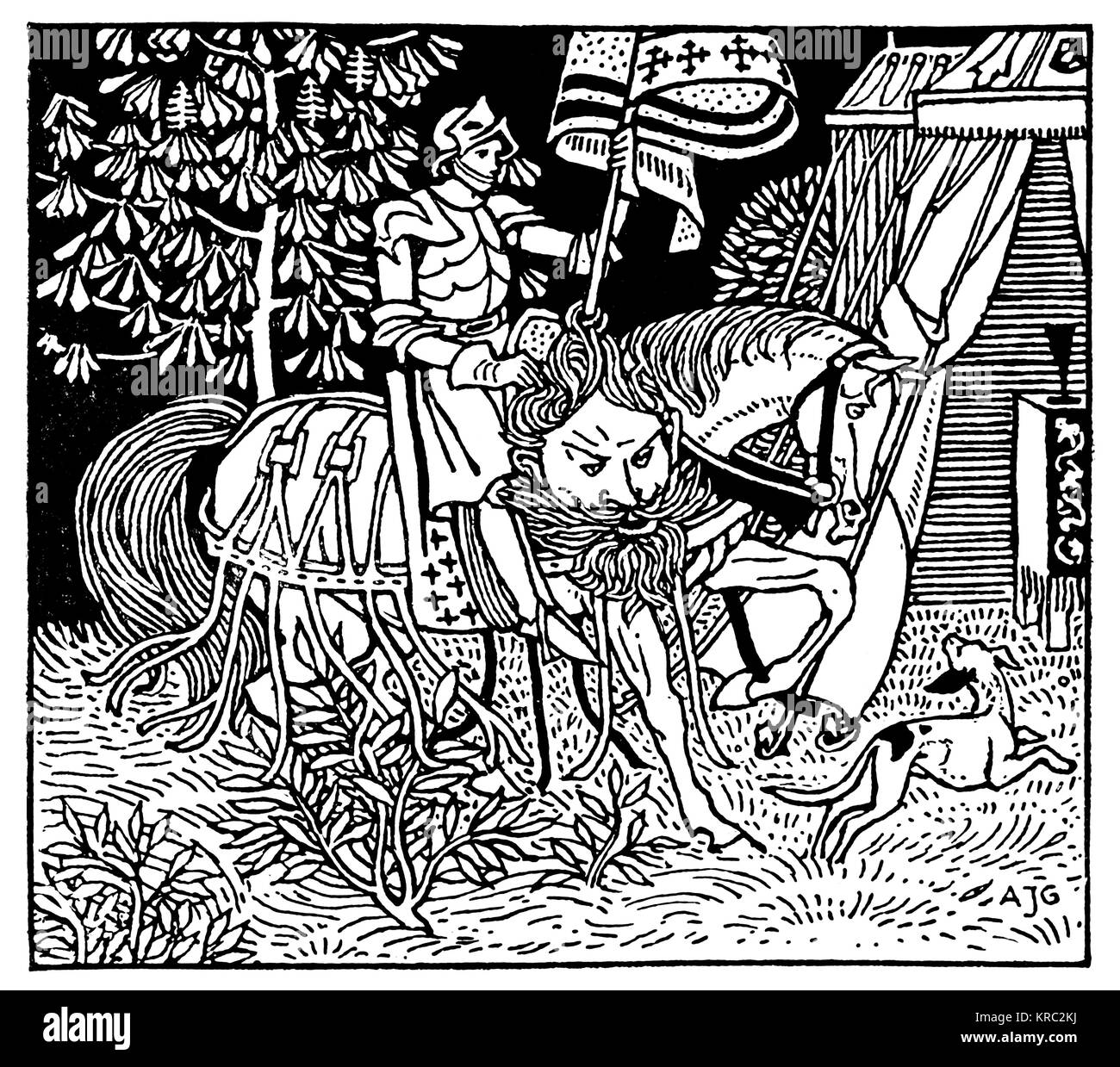 Knight holding Giant's head Illustration par Arthur Joseph Gaskin, d'un livre de contes de 1525, 1894 Banque D'Images