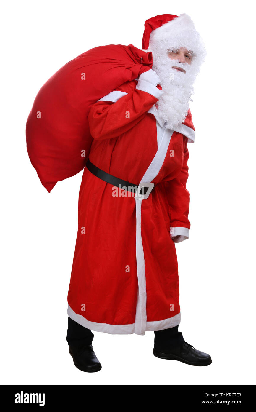 Weihnachtsmann Nikolaus mit un sac für Geschenke Weihnachten vor einem weissen Hintergrund freigestellt Banque D'Images