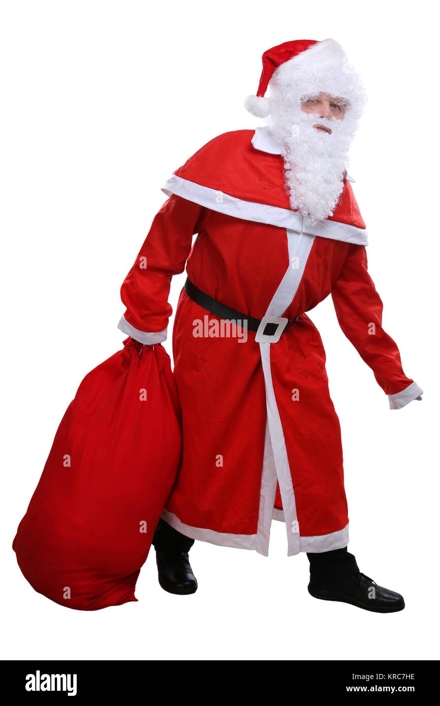 Weihnachtsmann Nikolaus mit un sac für Geschenke Bescherung Weihnachten Freisteller freigestellt vor einem weissen Hintergrund Banque D'Images