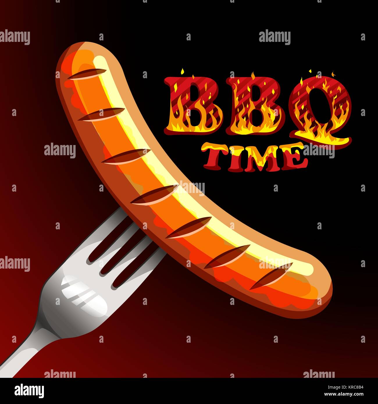 Temps - barbecue saucisse photoréaliste sur une fourchette. Illustration de Vecteur