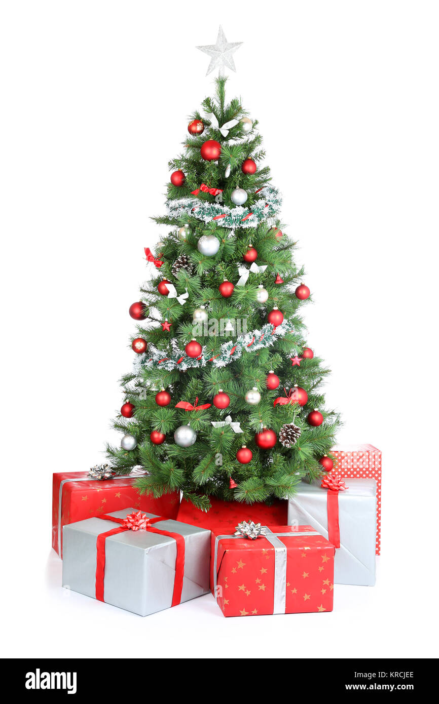Cadeaux de Noël Weihnachten Geschenke Weihnachtsbaum Bescherung Freisteller freigestellt isoliert vor einem weissen Hintergrund Banque D'Images