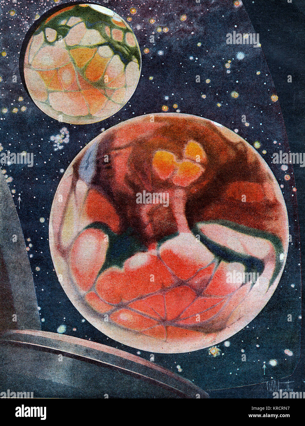 Les deux visages de la planète Mars, vu contre un ciel de nuit avec des étoiles. Date : 1927 Banque D'Images