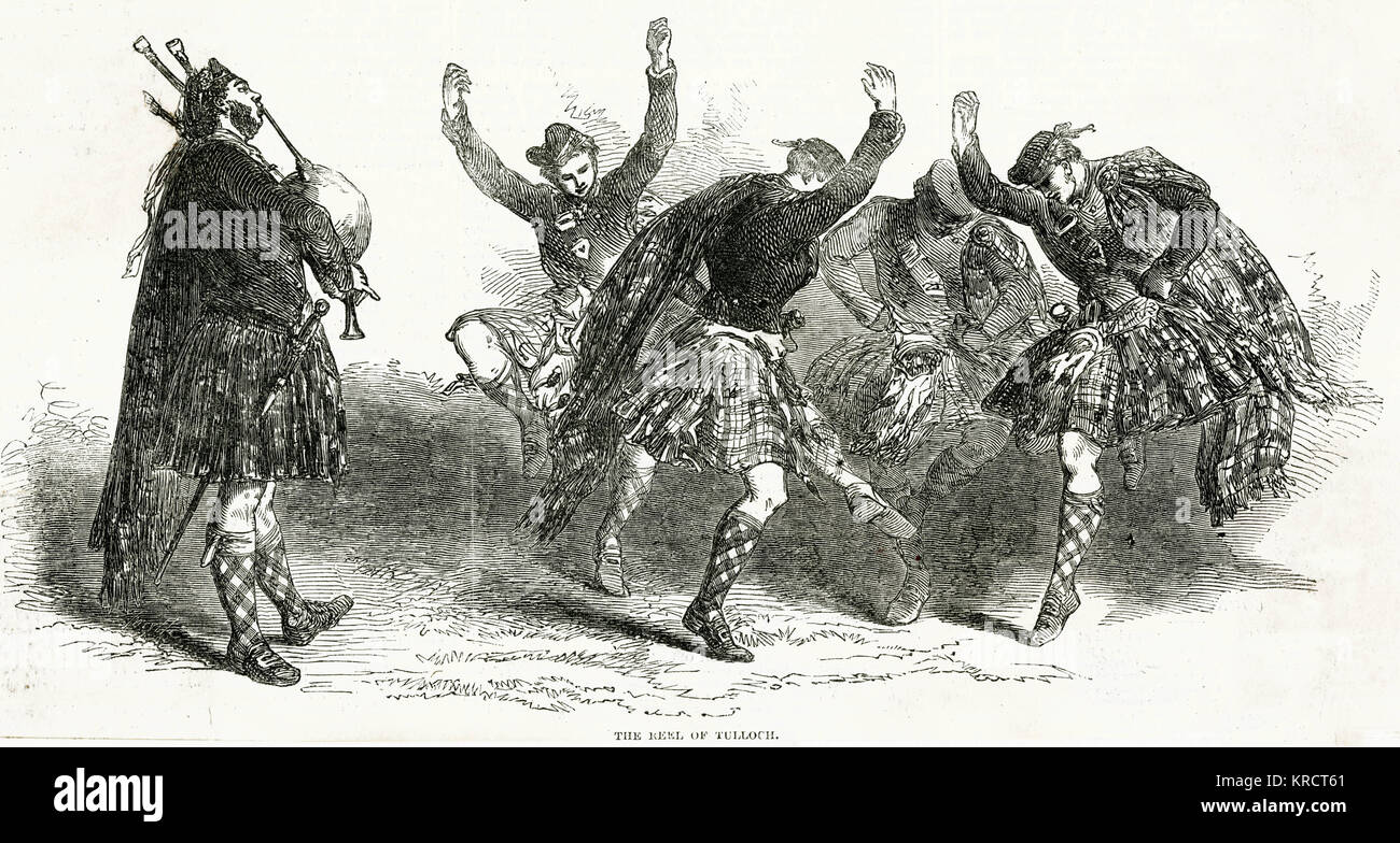 Quatre Écossais en kilt écossais de la danse du tambour Tulloch, accompagné d'une cornemuse solitaire Date : 1849 Banque D'Images