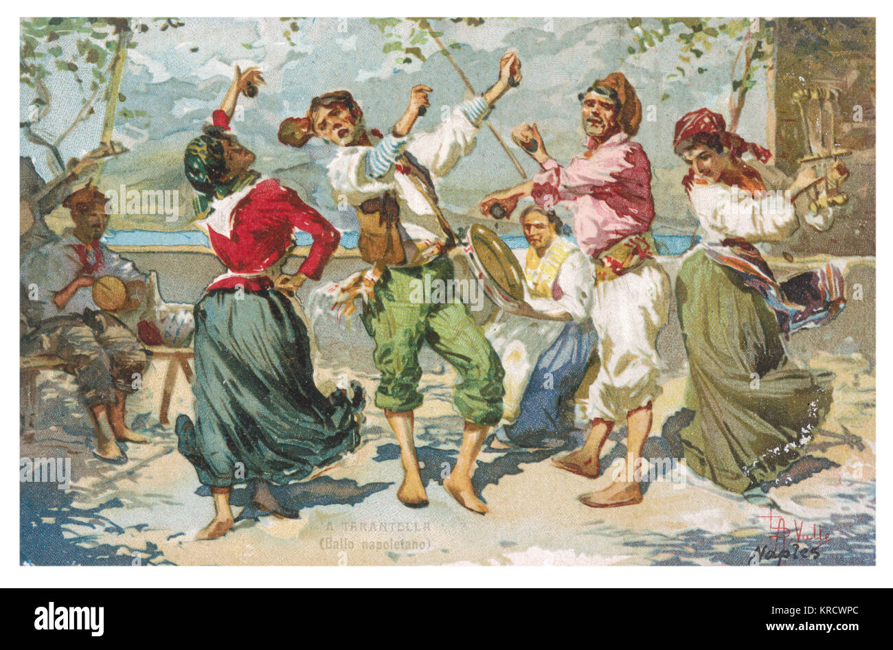 Sur une terrasse napolitaine, un groupe de danseurs nus effectuer une tarentelle, cliquant sur leurs castagnettes Date : début du xxe siècle Banque D'Images