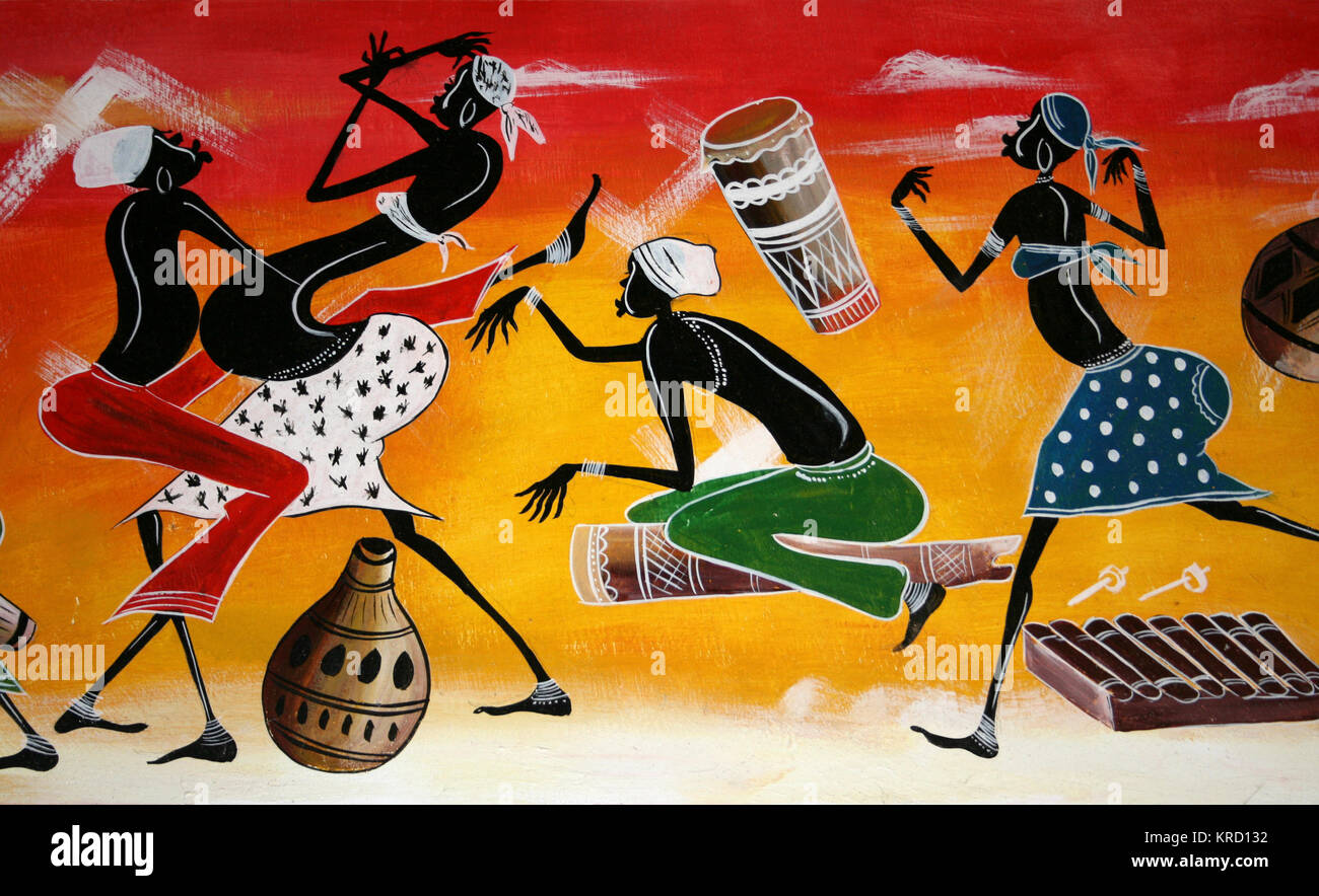 Peinture tanzanienne moderne montrant les musiciens & danseurs Banque D'Images