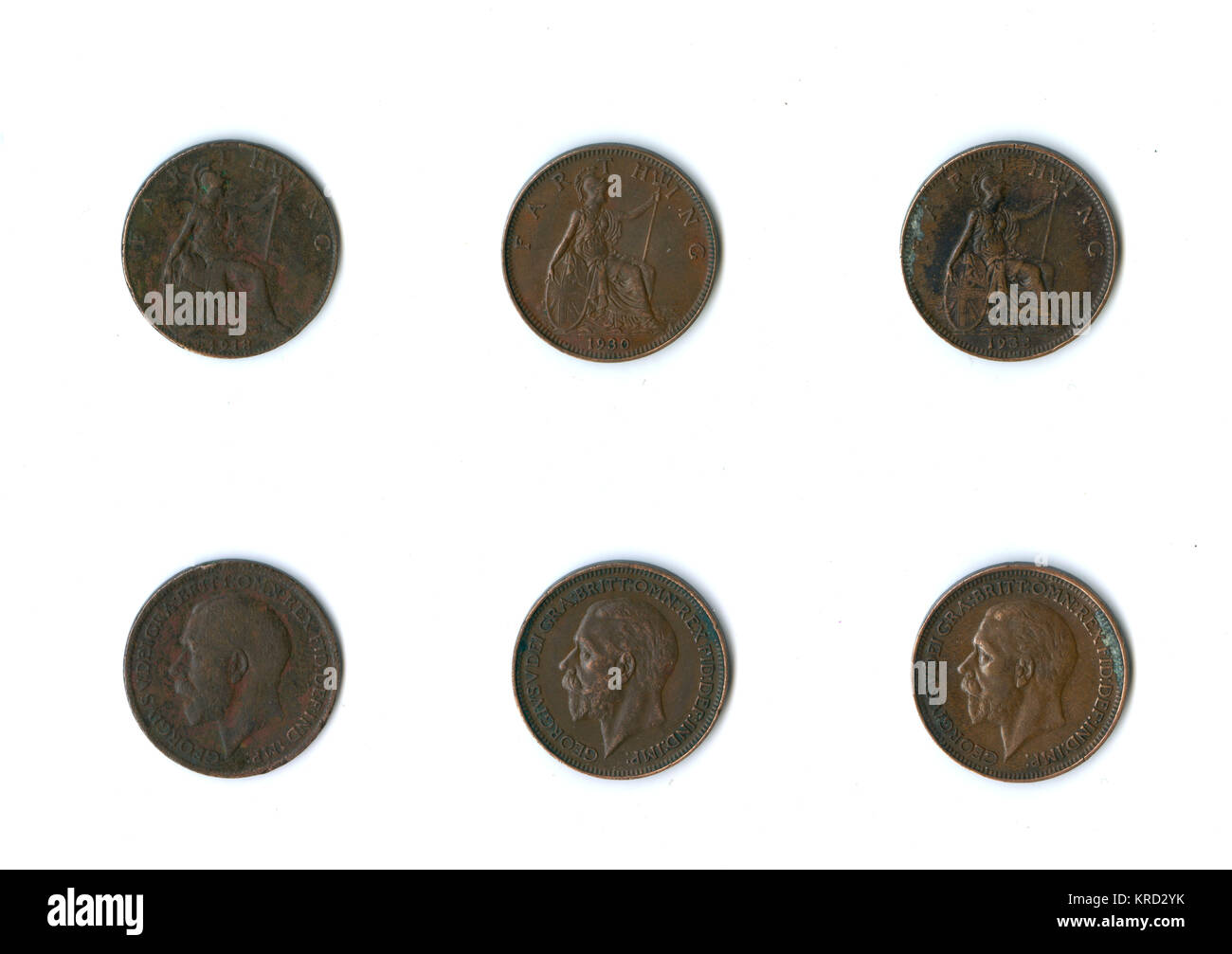Pièces de monnaie britanniques, trois farthings de George V. Banque D'Images