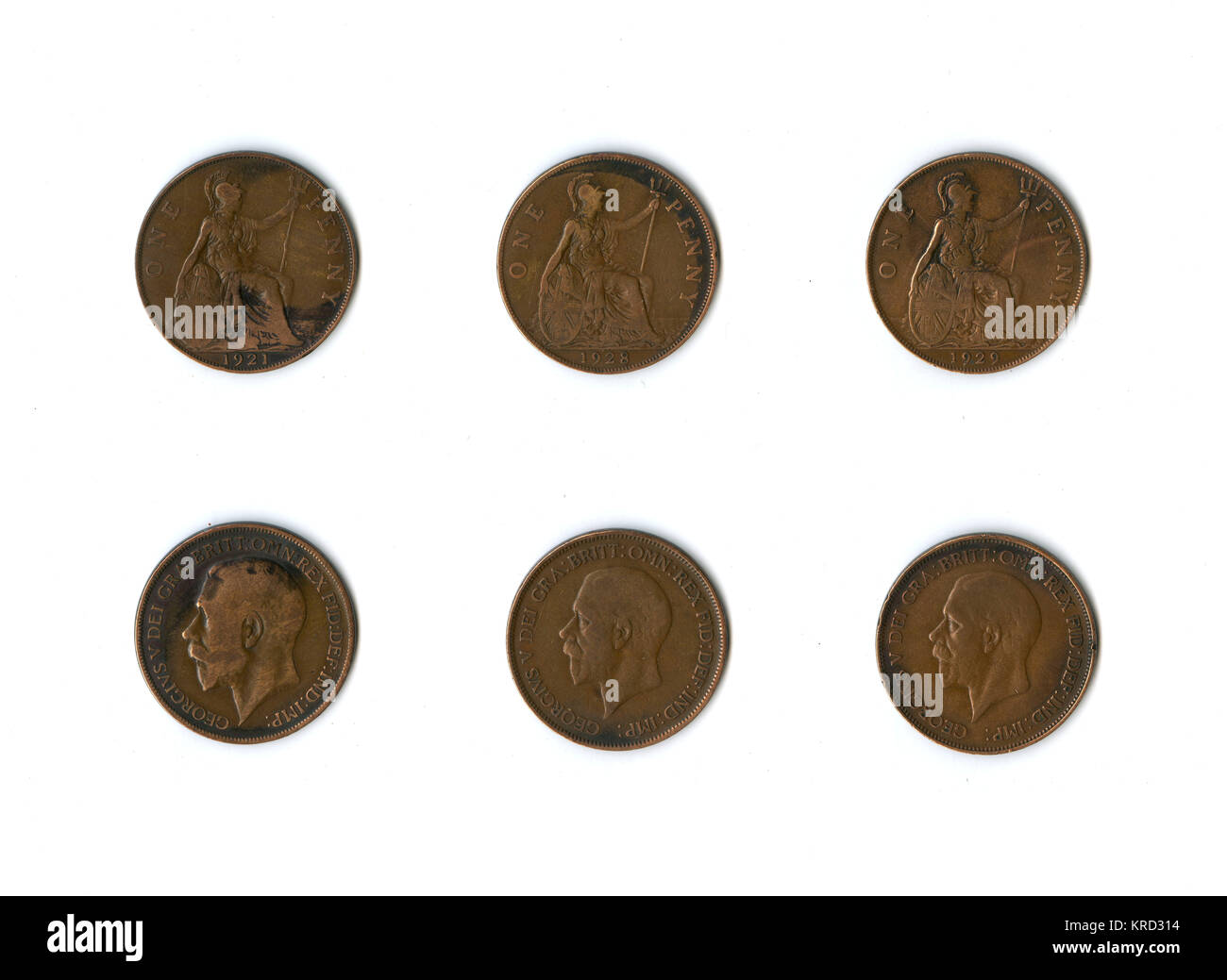 Pièces de monnaie britanniques, trois pièces de monnaie George V. Banque D'Images