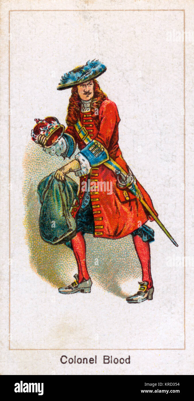 Le colonel Thomas Sang (1628-1680), soldat irlandais et aventurier, notoire pour son audacieuse tentative de voler les bijoux de la Couronne après l'amitié avec le sous-Keeper à la Tour de Londres. Le sang et ses complices s'en est sorti avec la couronne de saint Édouard et de l'orb mais ont été capturés et arrêtés avant d'arriver très loin. Il a été gracié pour son crime par le roi Charles II. Date : 1671 Banque D'Images