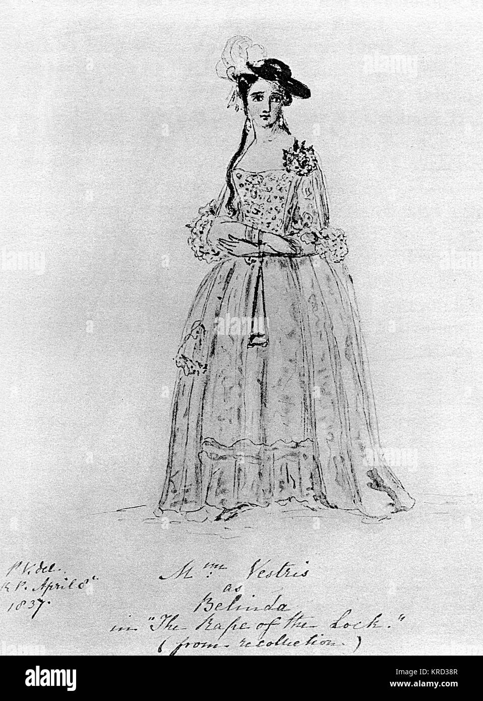 Lucia Elizabeth Vestris (Janvier 1797 8 août 1856), actrice et chanteuse d'opéra contralto, apparaissant dans les œuvres de Mozart et de Rossini. Bien que populaire en son temps, elle était plus remarquable en tant que producteur et directeur de théâtre. Après avoir accumulé une fortune à partir de ses performances, elle a loué le Théâtre Olympique de Londres et produit une série d'extravagances burlesques et pour lequel la chambre est devenu célèbre, particulièrement populaire fonctionne par James Planch&# x9ba0;elle a aussi produit son travail à d'autres théâtres d'elle a réussi. Date : c.1830 Banque D'Images
