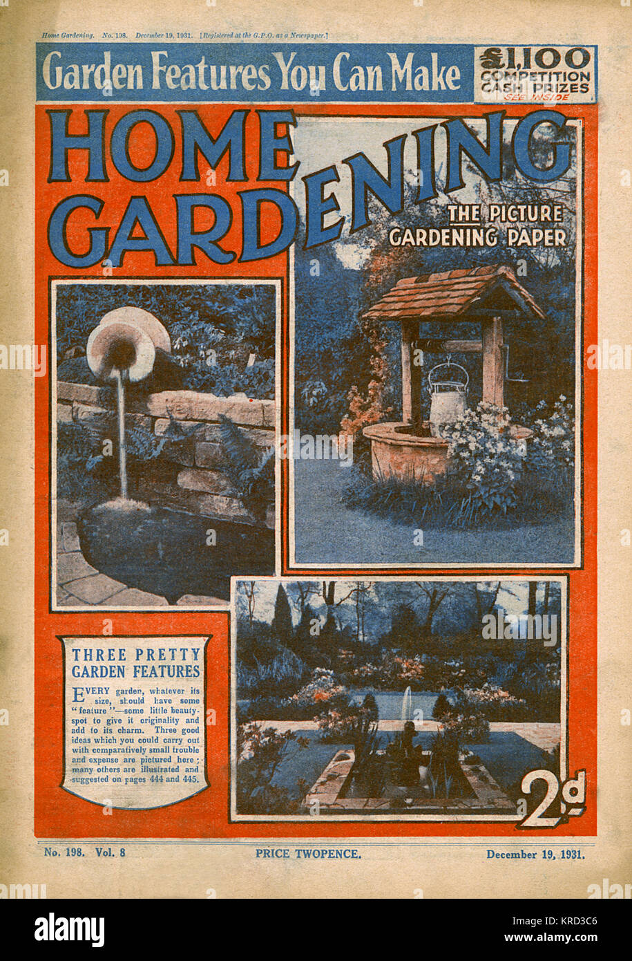 Couverture du magazine de jardinage Accueil suggérant trois jolies fonctionnalités pour le jardin - un bien, d'une urne d'eau et un bassin avec jet d'eau en contrebas de la place. Date : 1931 Banque D'Images