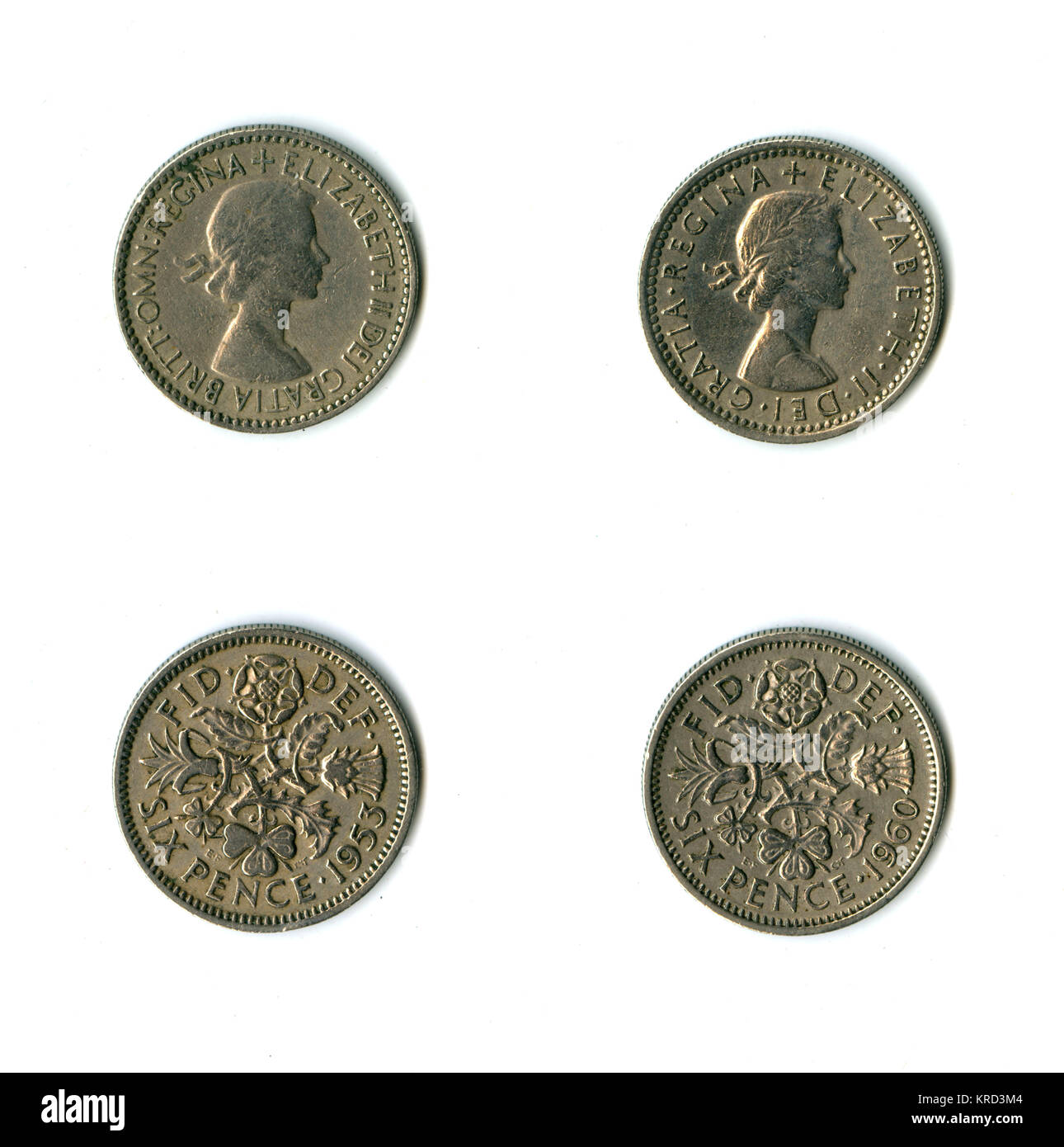 La monnaie, deux Elizabeth II de 6 pence pour 1953 et 1960, avec un dessin au verso représentant l'Angleterre (rose), en Écosse (champs), le Pays de Galles (poireau) et l'Irlande (shamrock). Date : 1953, 1960 Banque D'Images