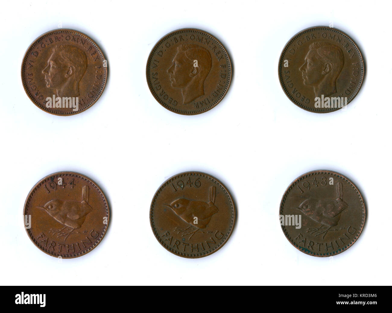 Pièces de monnaie britanniques, trois farthings de George VI Banque D'Images