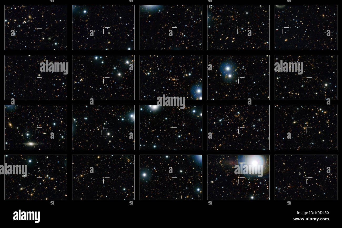 Cette image montre 20 de la trempe de galaxies galaxies - qui ne sont plus la formation d'étoiles - vu dans le Télescope COSMOS observations. Chaque galaxie est identifié par une croix au centre de chaque cadre. Étanchée galaxies dans l'Univers lointain sont beaucoup plus petits que ceux observés à proximité. On pensait que ces petites galaxies fusionné avec d'autres, plus petites galaxies sans gaz à effet de croître de plus en plus gros, mais il s'avère que les grandes galaxies se sont 'off' si tardive plus tard et en ajoutant leurs numéros à ceux de leurs frères et sœurs plus âgés et plus petites, donnant la fausse impression de chaque galaxie croissance sur tim Banque D'Images