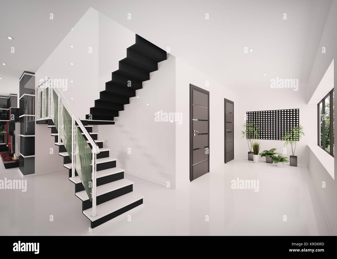 Intérieur du hall d'entrée avec escalier moderne 3D render Photo Stock ...