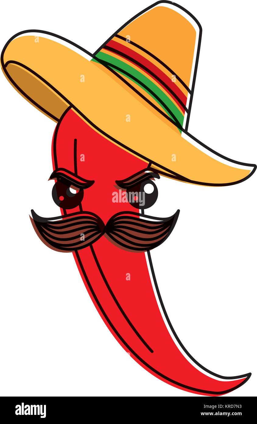 Chili épicé avec Mexican Hat personnage kawaii Illustration de Vecteur