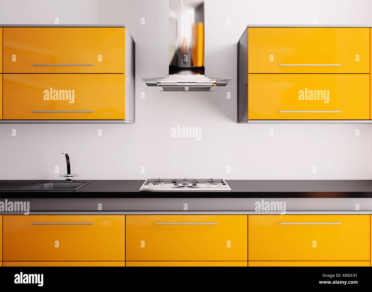 Cuisine avec évier,Orange table de cuisson à gaz et 3d de la hotte Banque D'Images