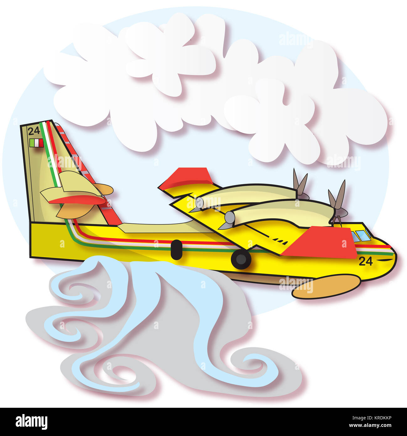 Cette illustration représente un avion Canadair tout en jetant de l'eau, lumière et ciel avec ablue quelques nuages. Banque D'Images